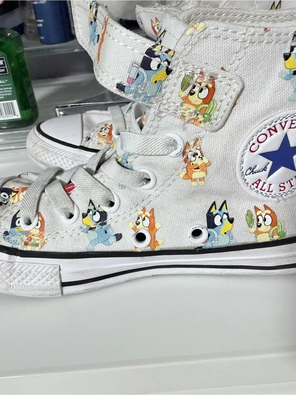 Converse White High Top Sneakers with Blue Cartoon Insole